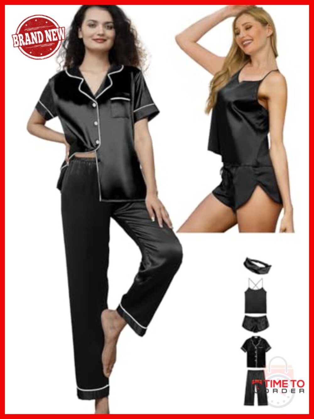 Silky Satin 5 Piece Pajama Set Cami Shirt Shorts Pants Headband Sleepwear